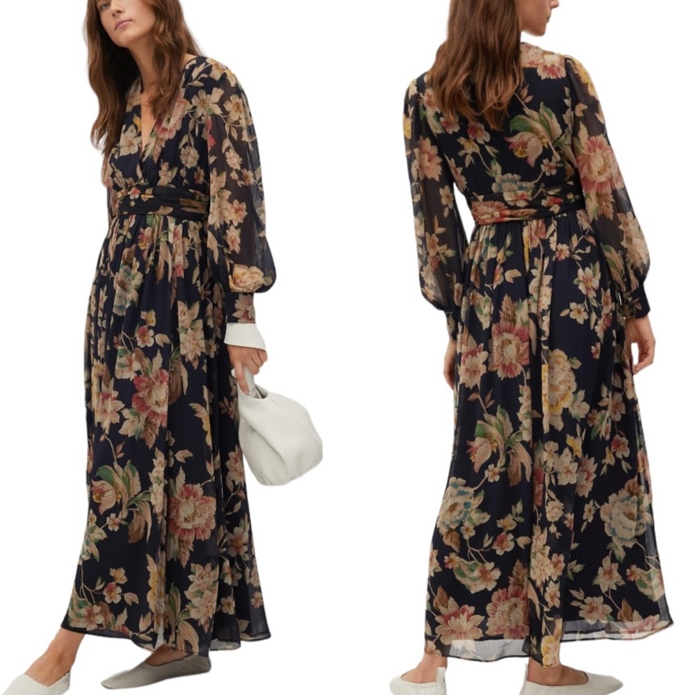 Mango MNG Black Floral Printed Puff Sleeve Crinkly Flowy Maxi Dress - M / 8